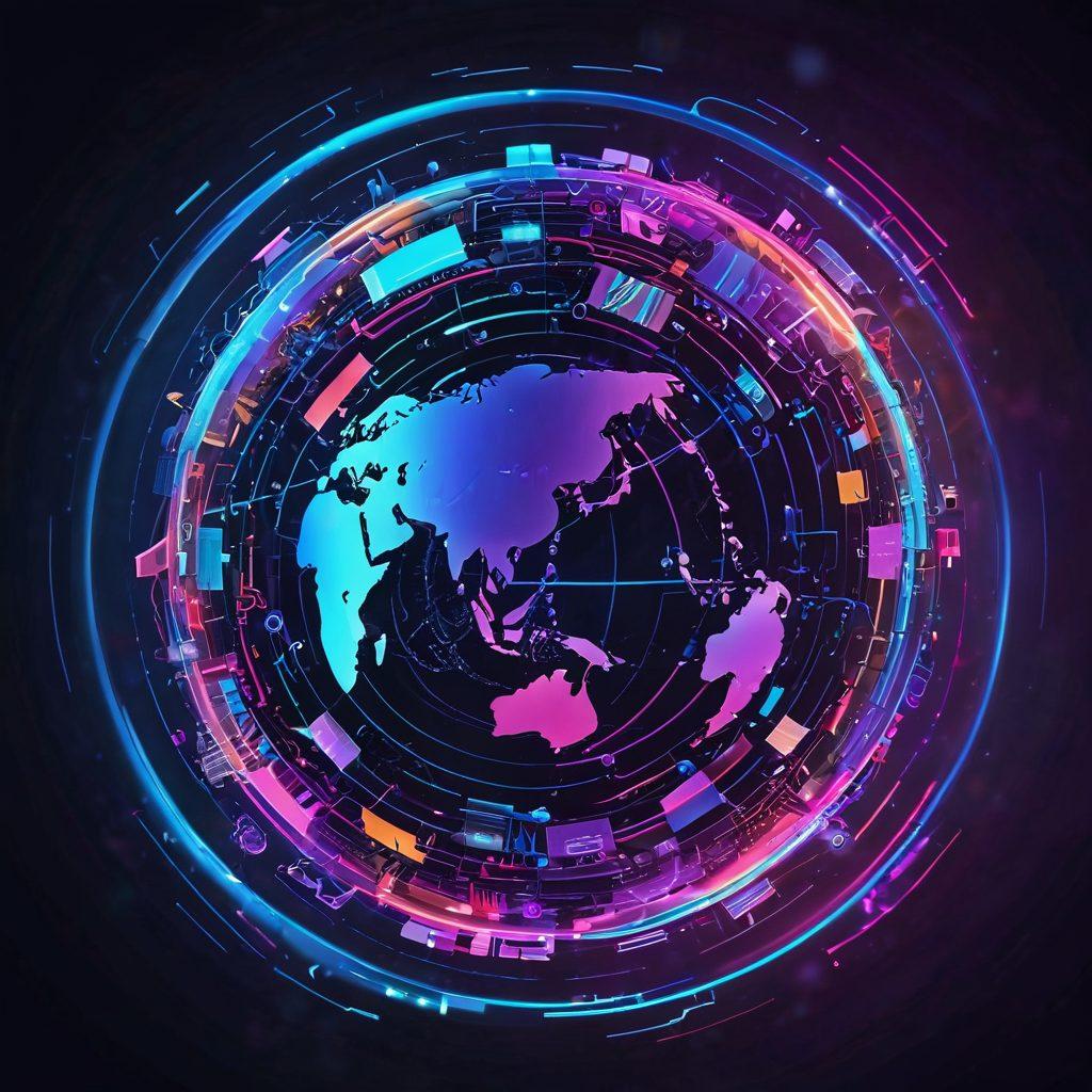 A vibrant illustration of interconnected video tubes swirling around a digital globe, symbolizing networking and connectivity. Incorporate abstract elements like data streams, neon lights, and icons representing video content. Highlight a diverse group of people engaging with technology across the globe. Use bold colors for a dynamic feel. cyberpunk. vivid colors. 3D.