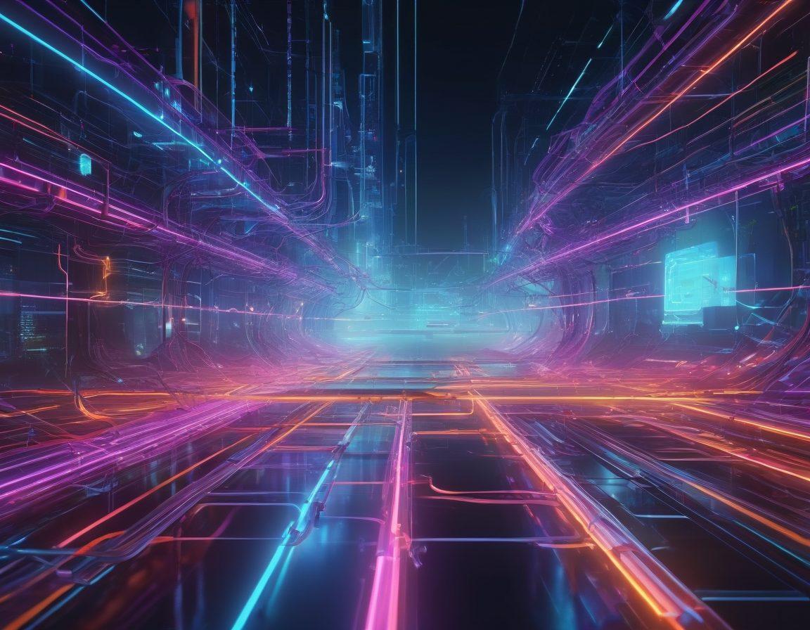 A futuristic digital landscape merging video tubing with a network of glowing, interconnected nodes, illustrating the flow of streaming content. Include vibrant colors to reflect energy and innovation, with abstract representations of video players and transmission signals. Add swirling, dynamic elements that symbolize transformation and evolution in technology. cyberpunk. vibrant colors. 3D.